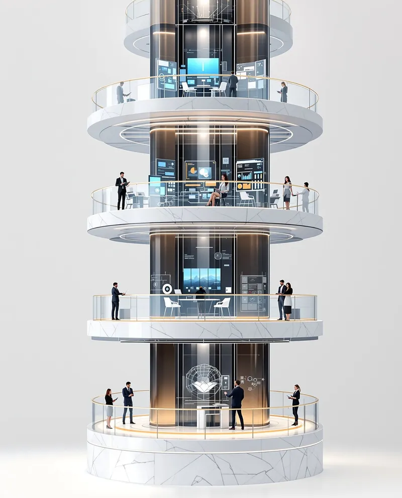Dört katlı modern ofis binasında, holografik ekranlar ve teknolojik arayüzlerle çevrili olarak çalışan profesyoneller.