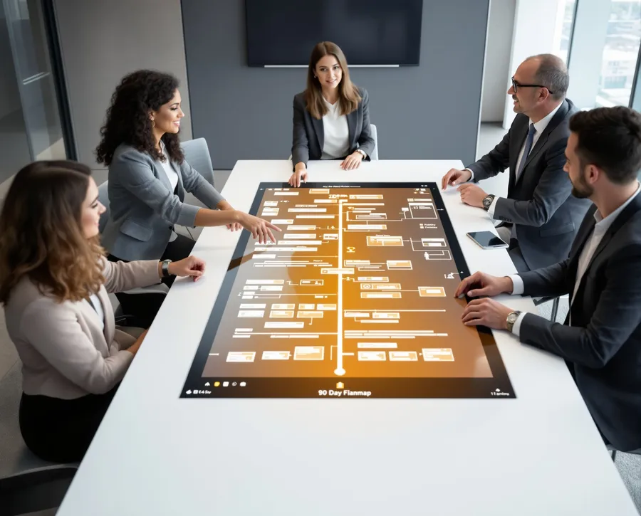 Beş profesyonelden oluşan bir grup, modern ofiste büyük bir masanın üzerindeki dijital 90 günlük plan haritasına bakıyor ve tartışıyor.