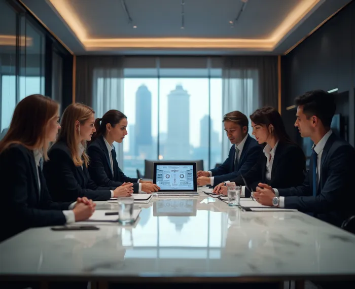 Toplantı odasında, bir masanın etrafında oturan altı iş insanı, dizüstü bilgisayarda grafik ve istatistikleri inceliyor.