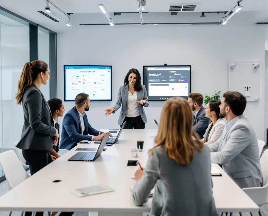 Bir toplantı odasında sunum yapan ve etraflarında oturan yedi iş insanı.