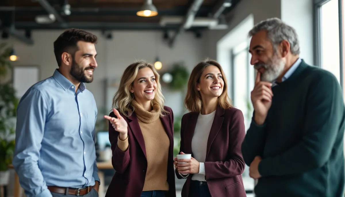Ofis ortamında neşeyle sohbet eden dört farklı yaştan iş insanı.