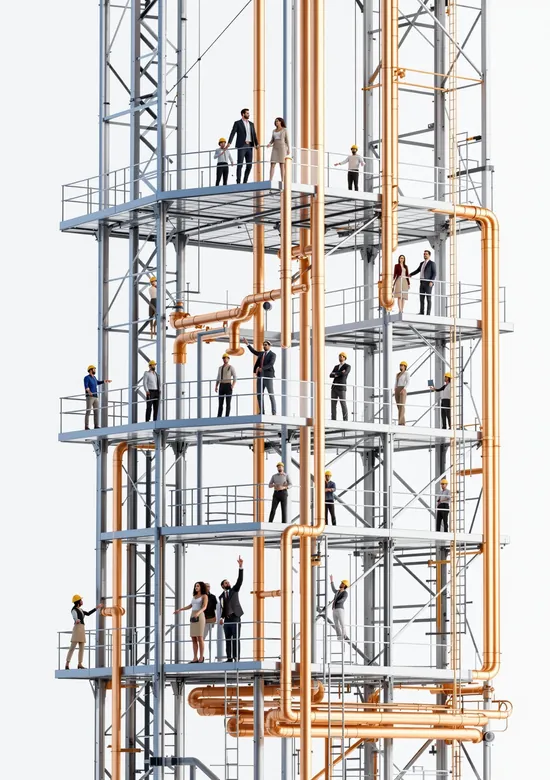 Çok katlı metal iskelette, çeşitli iş kıyafetleri ve kasklarla 15 kişi duruyor ve etkileşimde bulunuyor.