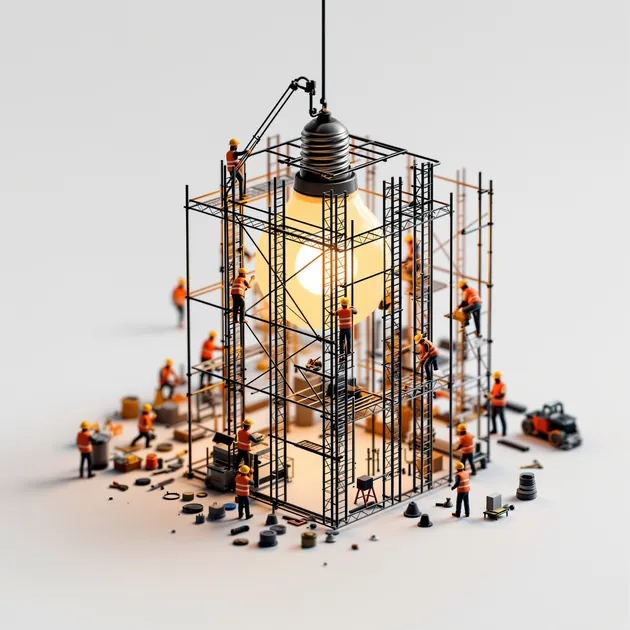 Büyük bir ampulün etrafında inşaat iskelesinde çalışan küçük inşaat işçileri.