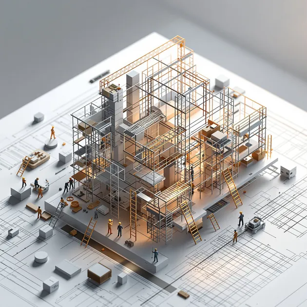 Mimari plan üzerinde yoğun yapı iskeleti ve merdivenlerle çevrili minyatür inşaat çalışanları ile model.
