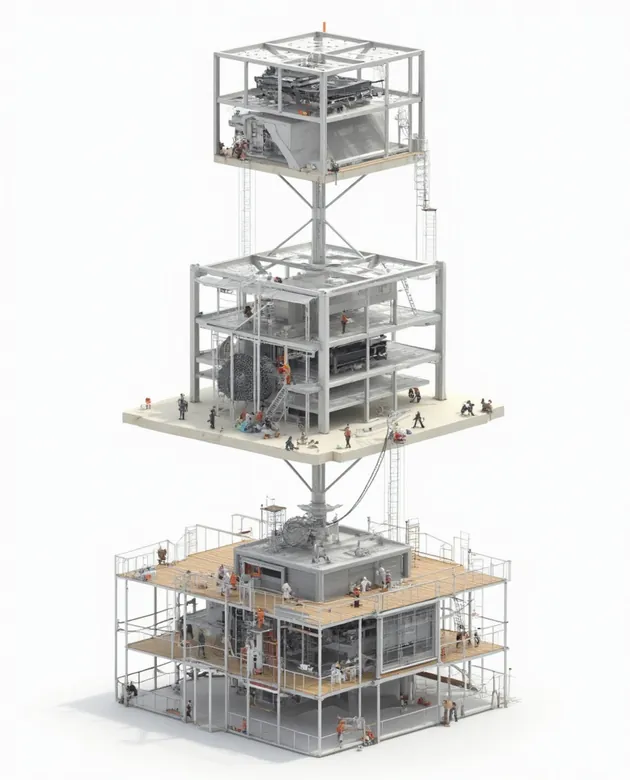Çok katlı açık çerçeveli yapıda çalışan küçük insan figürleri gösteren detaylı endüstriyel model.