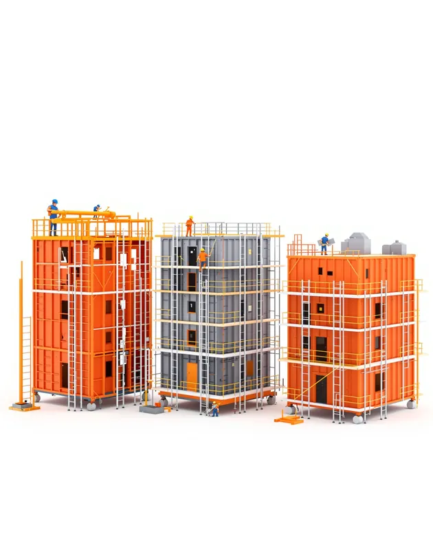 Üzerinde iskeleler ve işçiler bulunan üç konteyner tarzı yapı, biri gri diğeri turuncu renkte.