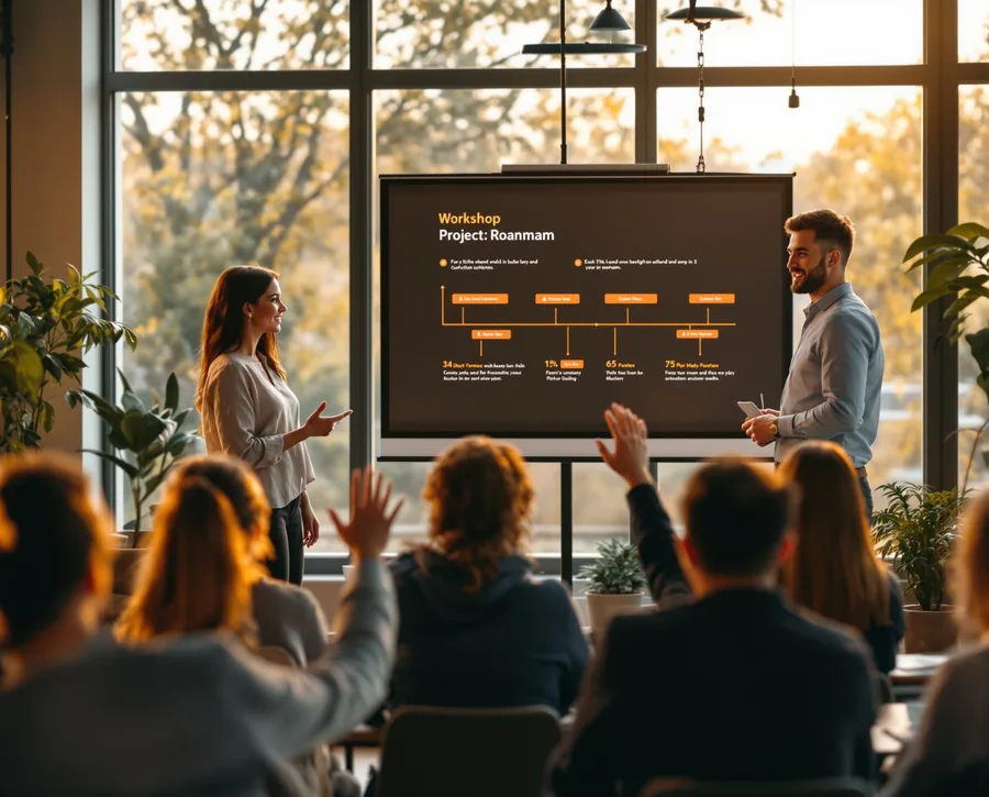 Konferans odasında sunum yapan iki kişi, arka planda büyük ekran ve önlerinde ellerini kaldıran dinleyiciler.