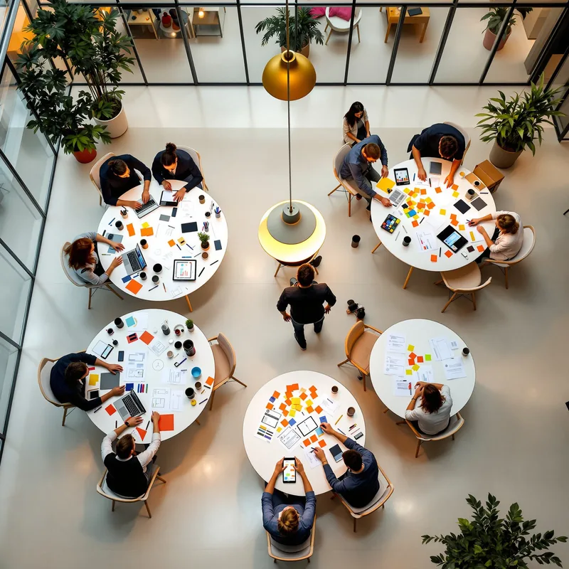 Bir ofiste beş grupta yuvarlak masalar etrafında çalışan ve notlar, tabletler ile dizüstü bilgisayarlar kullanan bireyler.