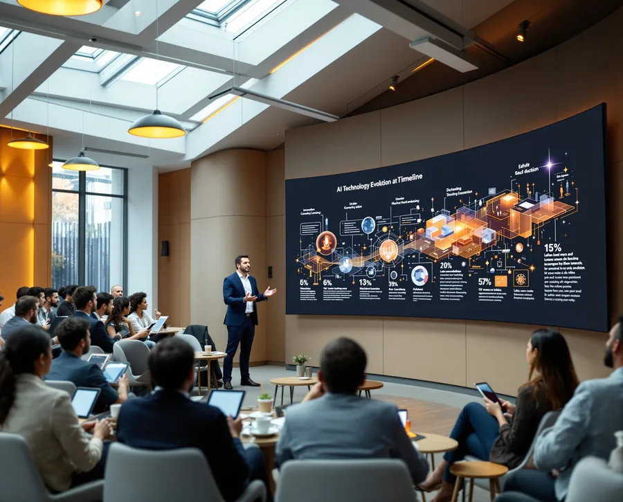 Bir adam, AI Teknoloji Gelişimi zaman çizelgesini gösteren büyük dijital ekrana sunum yapıyor, çok sayıda kişi tabletlerle dinliyor.