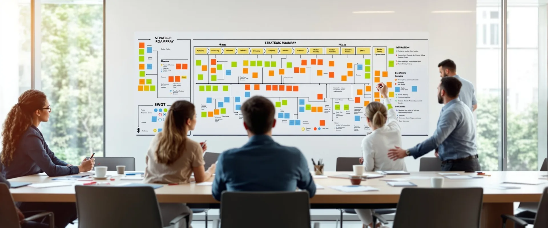 Bir ofiste beş grupta yuvarlak masalar etrafında çalışan ve notlar, tabletler ile dizüstü bilgisayarlar kullanan bireyler.