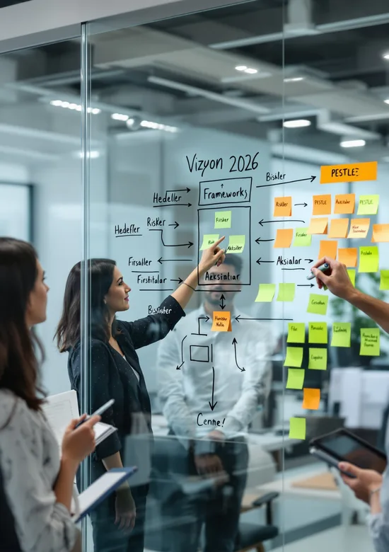 Bir toplantı odasında cam üzerine yazılmış strateji haritalama notları önünde çalışan dört kişi.