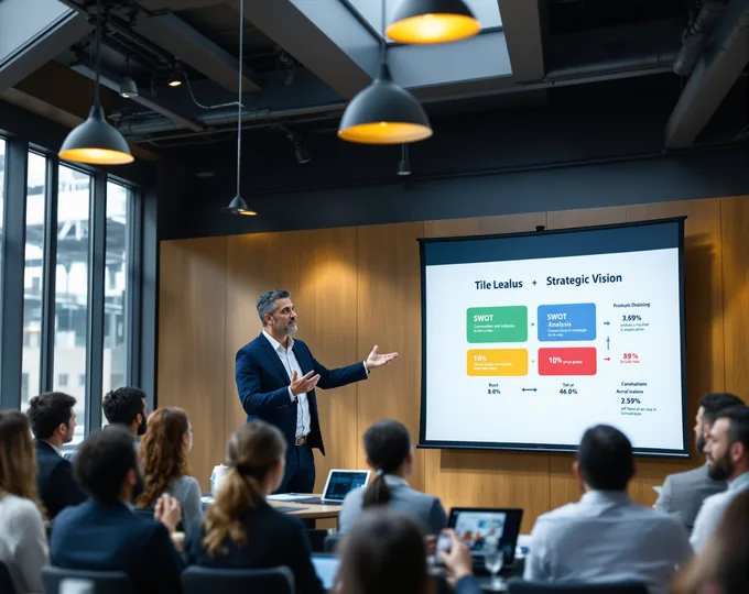 Bir adam stratejik vizyon ve SWOT analizi slaytını gösterirken toplantı odasında iş insanlarına sunum yapıyor.
