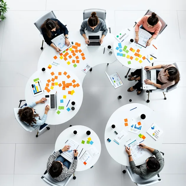 Yedi kişi strateji ve fikir geliştirme toplantısında, laptoplar ve renkli yapışkan notlarla dolu masalar etrafında oturuyor.