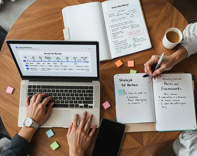 İki kişinin masa etrafında laptop ve defterlerle birlikte stratejik yol haritası ve karar alma matrisini planladığı çalışma ortamı.