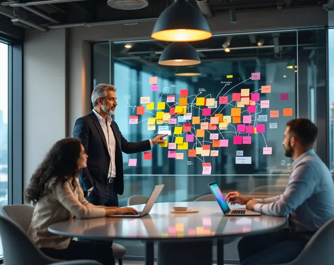 Ofiste cam duvara yapıştırılmış farklı renklerde birçok yapışkan notun önünde sunum yapan takım lideri ve dizüstü bilgisayar kullanan iki çalışan.