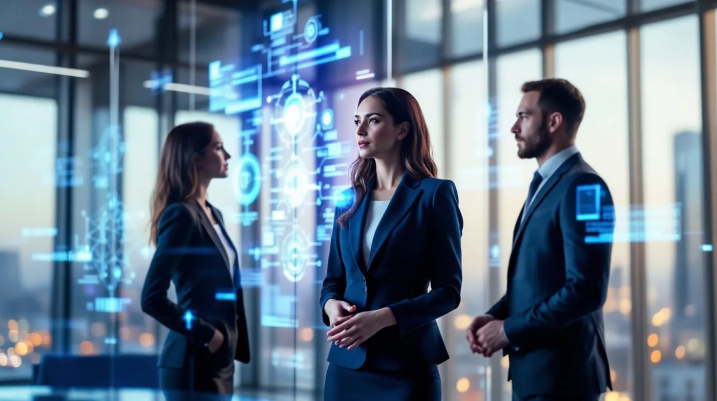 Ofis ortamında dijital grafiklerin önünde duran ve birbirine bakan iki kadın ve bir adam.