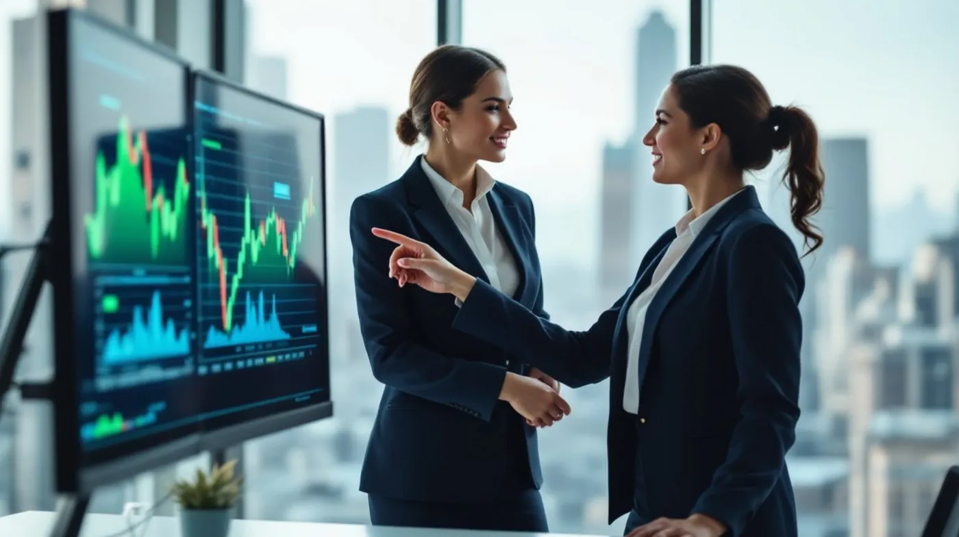 İş kıyafetleri giymiş iki kadın, bir ekran önünde finans grafiğine bakıyor ve konuşuyor.