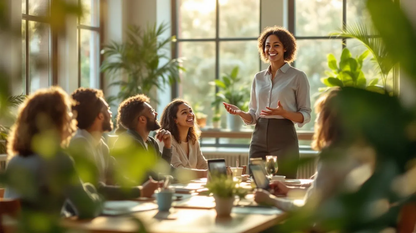 Toplantı masasında oturanları güler yüzle dinleyen, ayakta duran kadın konuşuyor.