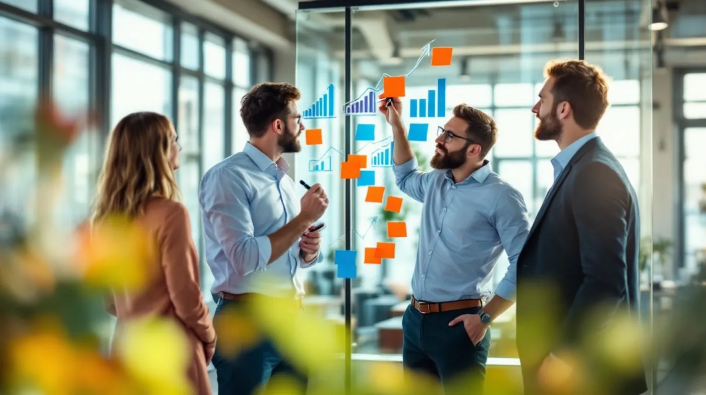 Ofis ortamında cam üzerine grafikler ve renkli yapışkan notlar yapıştıran dört çalışan.