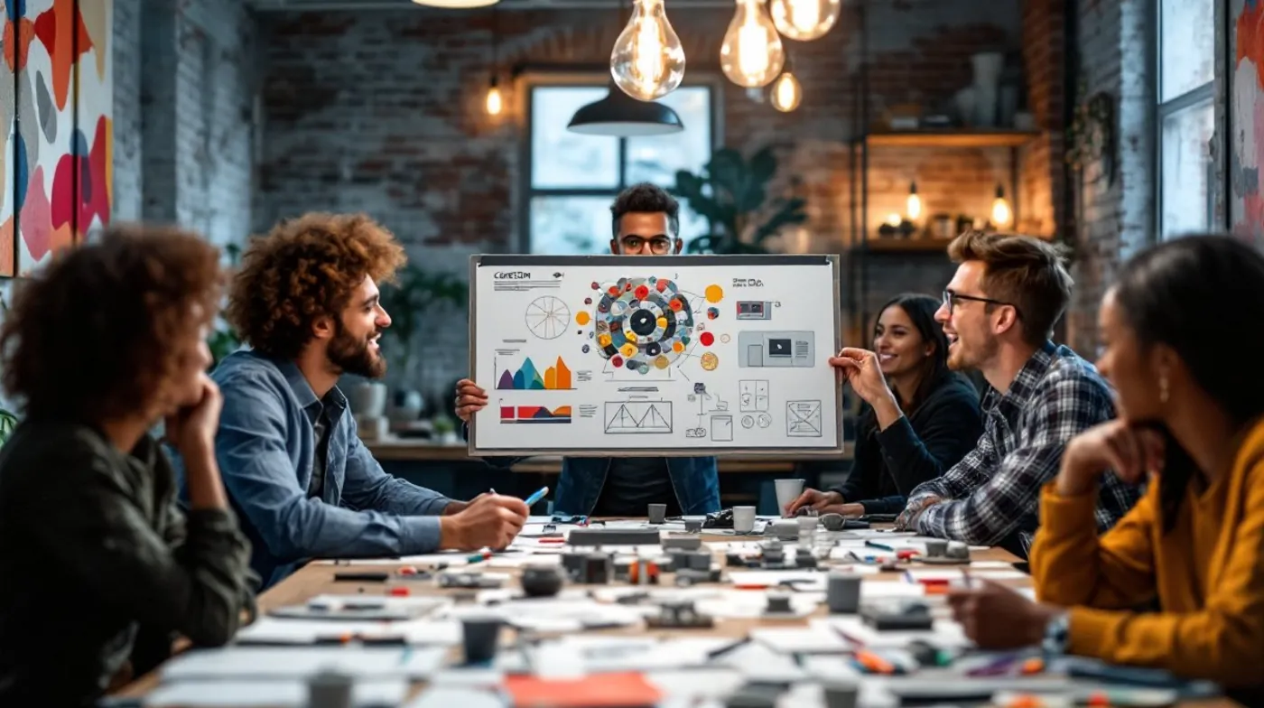 Bir toplantıda beyaz tahta tutan bir kişi ve etrafında oturan beş kişi grafikler ve diyagramlar üzerine tartışıyor.