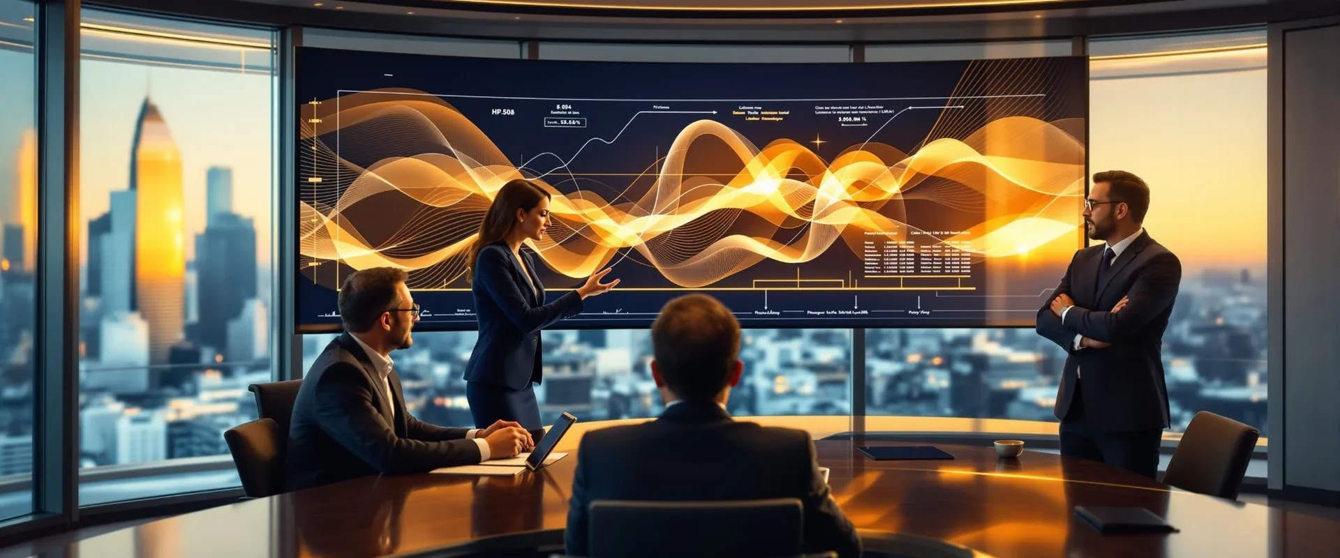 Ofis penceresinin önünde, dijital grafiklerin olduğu ekrana sunum yapan kadın ve dört iş insanı toplantı odasında.