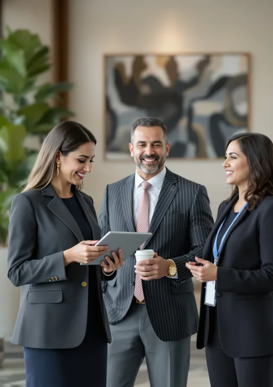 Ofis ortamında, tablet ve kahve tutan üç profesyonel iş insanı sohbet ediyor.