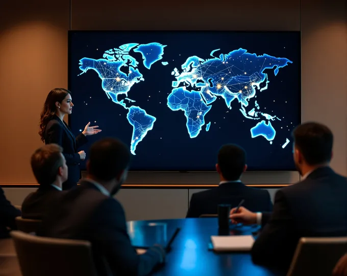 Kadın sunum yaparken arka planda dijital dünya haritası gösteriliyor, erkekler toplantı masasının etrafında oturuyor.