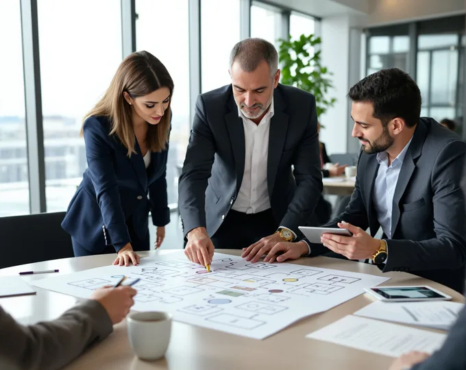 Ofiste, masanın etrafında duran üç profesyonel, büyük bir diyagram üzerinde tartışıyor.