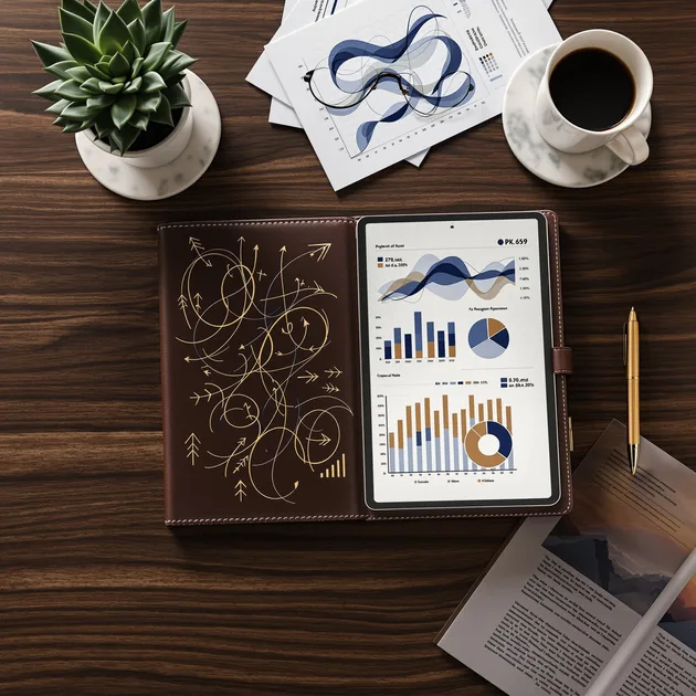 Dizüstü deri kapaklı tablette finansal grafikler, yanlarında kahve fincanı, kalem, makale ve bitki.