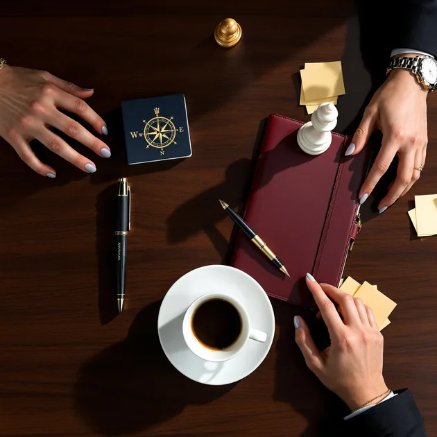 Kahve fincanı, kalem, pusula sembollü küçük kutu, not kağıtları ve satranç taşlarıyla masada toplantı yapan eller.