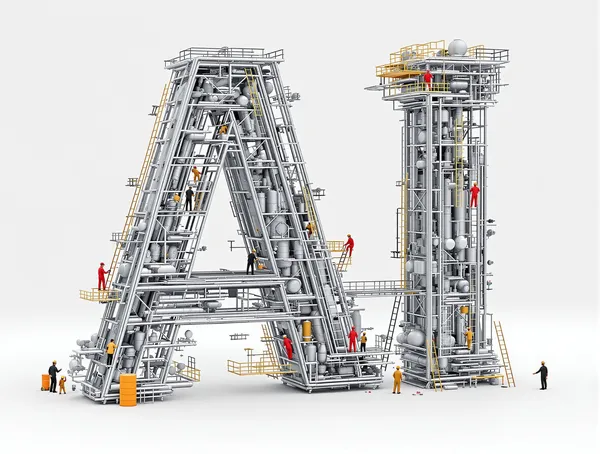 Büyük A ve I harflerini oluşturan endüstriyel boru ve platform yapıları üzerinde çalışan küçük işçiler.