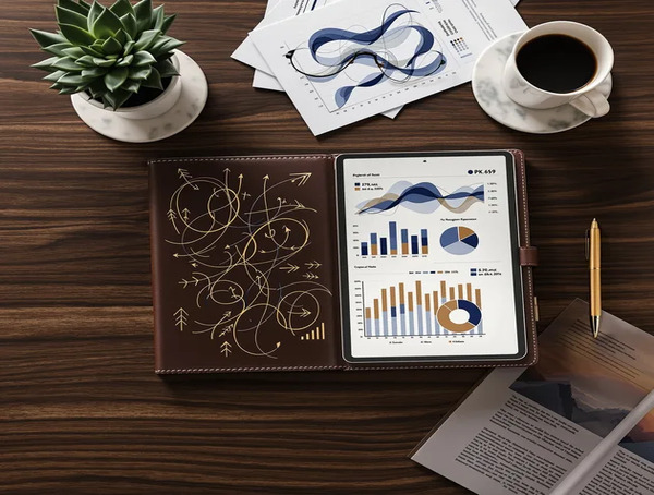 Sekiz kişinin etrafında oturduğu beyaz masalarda dizüstü bilgisayarlar, renkli yapışkan notlar ve grafikler var, toplantıda iş birliği yapıyorlar.