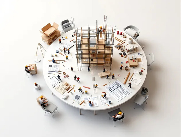 Sekiz kişinin etrafında oturduğu beyaz masalarda dizüstü bilgisayarlar, renkli yapışkan notlar ve grafikler var, toplantıda iş birliği yapıyorlar.