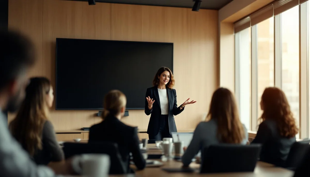 Bir kadın, bir ofis toplantısında ahşap duvar önünde izleyicilere sunum yapıyor.