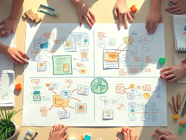 Sekiz kişinin etrafında oturduğu beyaz masalarda dizüstü bilgisayarlar, renkli yapışkan notlar ve grafikler var, toplantıda iş birliği yapıyorlar.