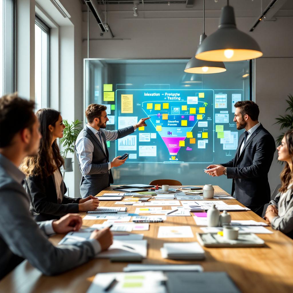 Büyük bir ampulün etrafında inşaat iskelesinde çalışan küçük inşaat işçileri.