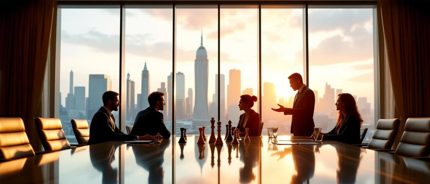 Şehir silüeti önünde büyük pencereli bir ofiste, toplantı masasında gülümseyerek sohbet eden altı iş arkadaşı.