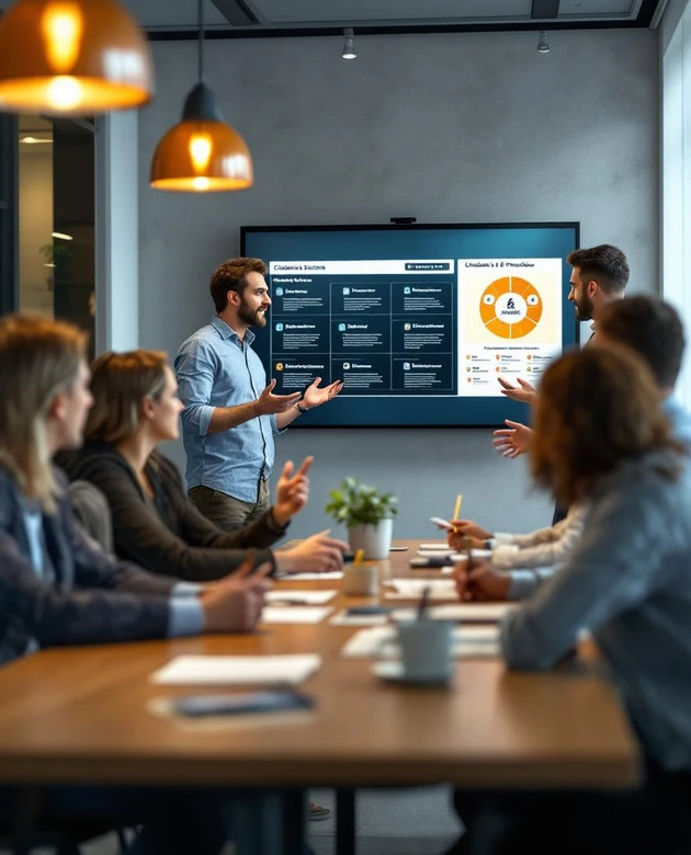 Bir adam, arkasında dijital bağlantı grafiklerinin olduğu ekranda toplantıdaki insanlara sunum yapıyor.