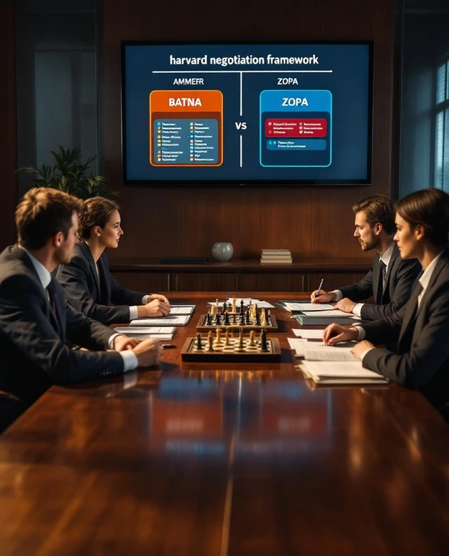 Ofiste büyük bir masa etrafında strateji planlayan bir kadın ve iki erkek iş insanı.