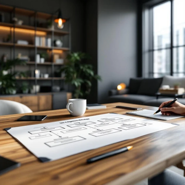 Ofiste cam duvara yapıştırılmış farklı renklerde birçok yapışkan notun önünde sunum yapan takım lideri ve dizüstü bilgisayar kullanan iki çalışan.