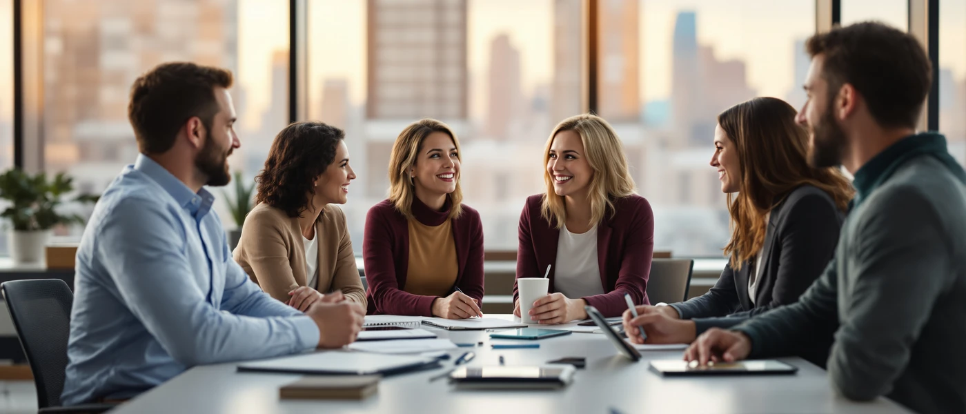 Şehir silüeti önünde büyük pencereli bir ofiste, toplantı masasında gülümseyerek sohbet eden altı iş arkadaşı.