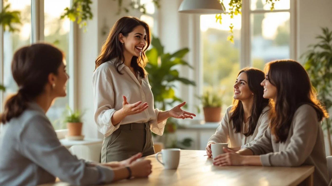 Toplantı masasında oturanları güler yüzle dinleyen, ayakta duran kadın konuşuyor.