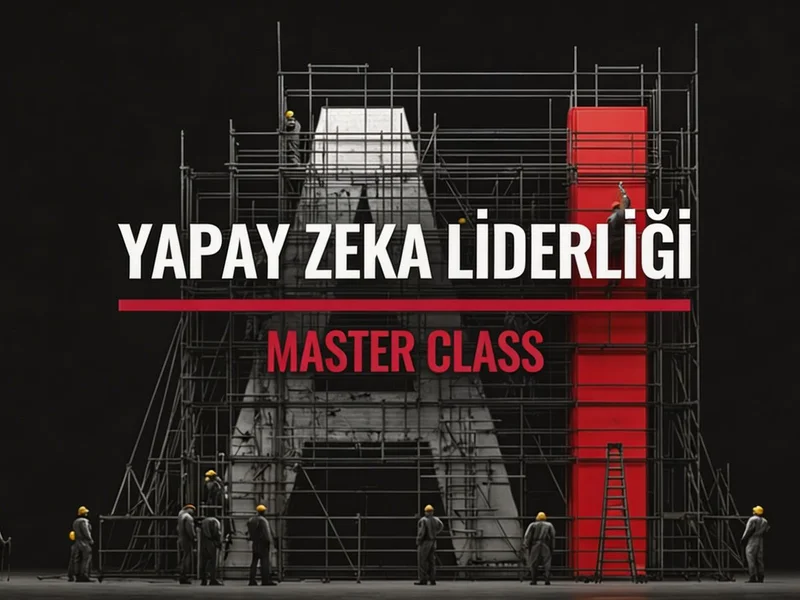 Büyük A ve I harflerini oluşturan endüstriyel boru ve platform yapıları üzerinde çalışan küçük işçiler.