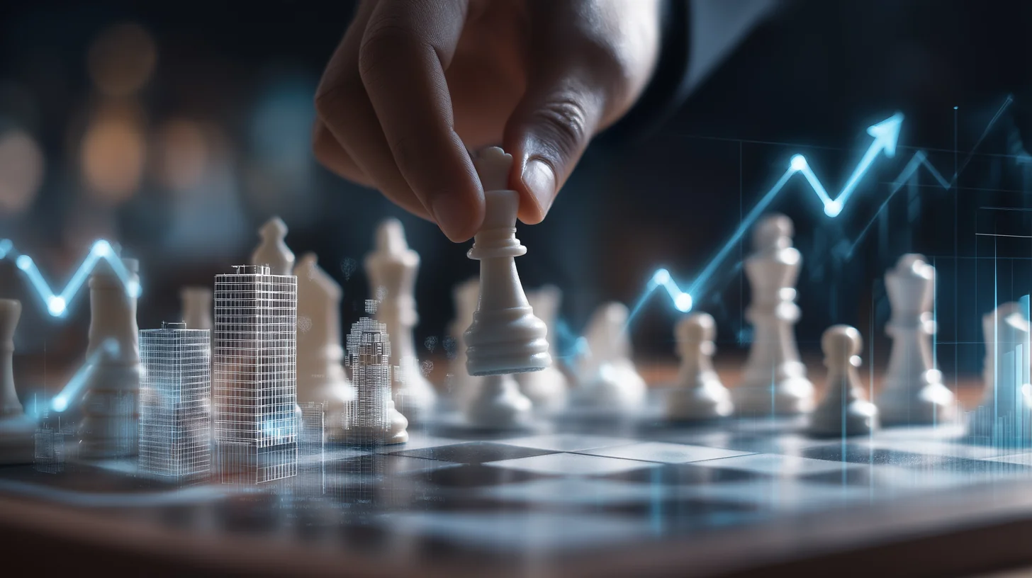 Gün batımında büyük bir şehir manzaralı ofis ortamında, bir kadın ve bir adam ayakta konuşurken, iki kişi masada oturuyor.