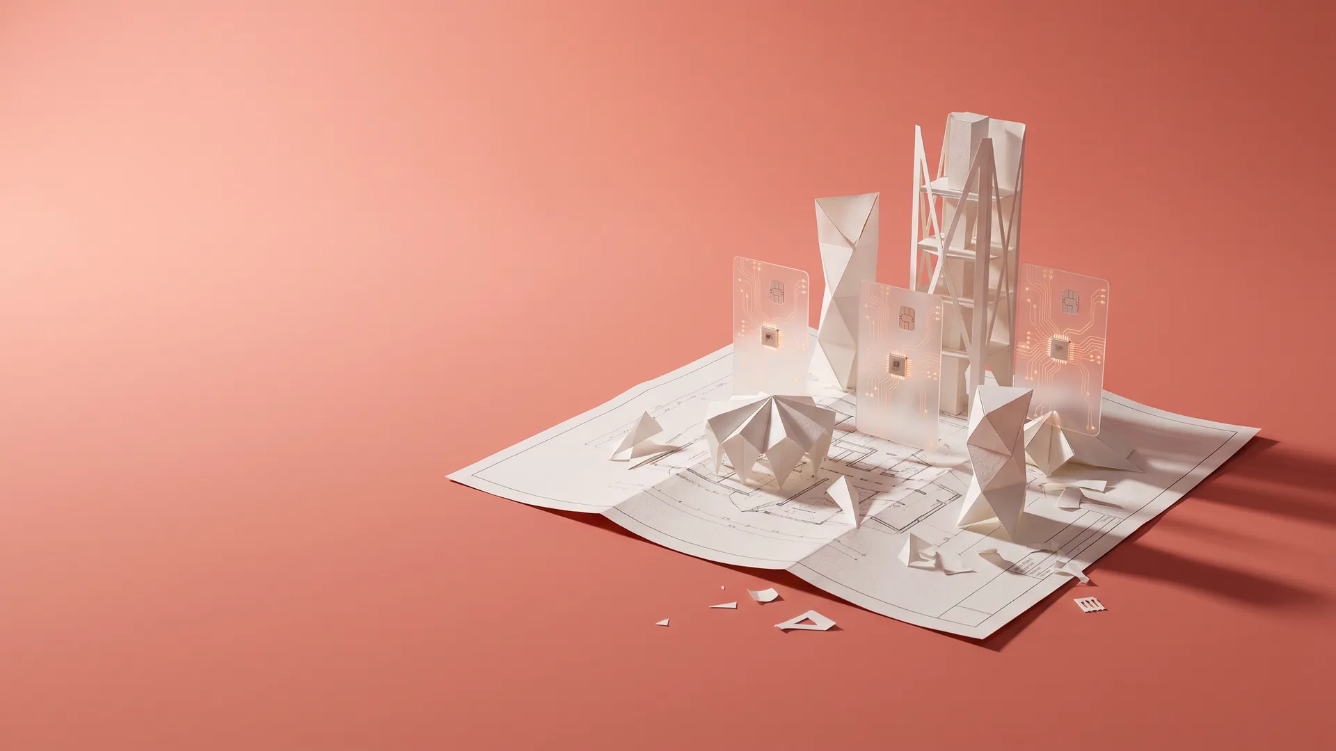 Pembe arka planda, kağıt mimari blueprint zemininde yükselen origami yapılar ve şeffaf akıllı kartlar; yapay zekâ ile geleceğin tasarlanması metaforu.