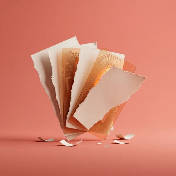 Pembe arka planda, açılan modüller gibi dizilmiş kağıt parçaları ve şeffaf akıllı kart fanı; program modüllerinin kavramsal görseli.