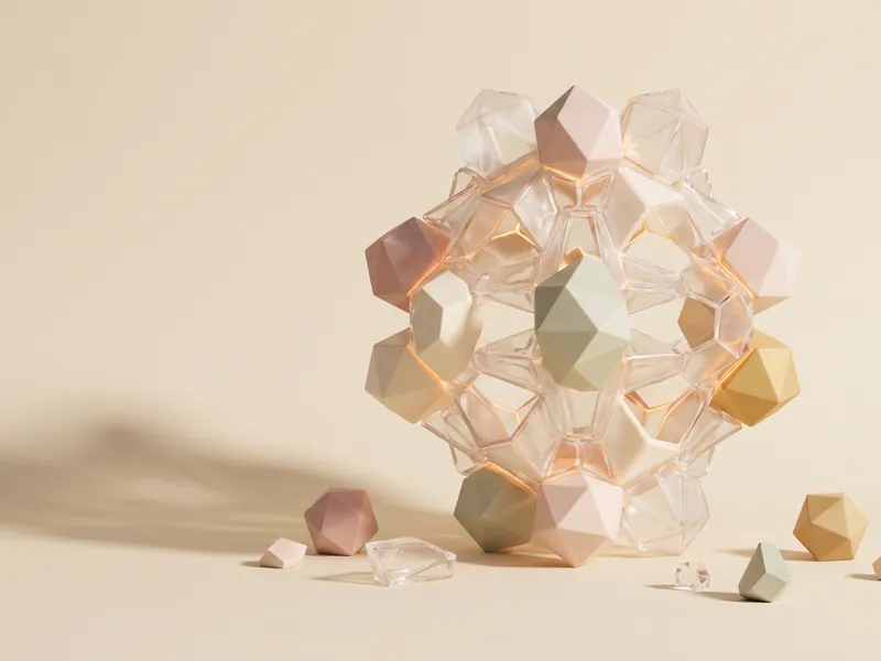 Krem arka planda, soft pastel polyhedral bloklardan ve şeffaf kristal şekillerden oluşan birbirine kenetli modüler yapı; İnovasyon Kültürü program kartı sembolü.