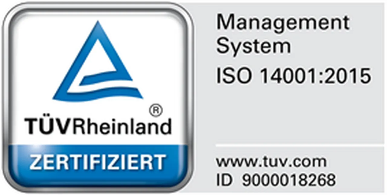TÜV Rheinland Zertifikat für Management-System ISO 14001:2015 mit Website und ID-Nummer.