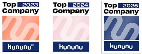 Kununu Top Company Auszeichnungen für die Jahre 2023, 2024 und 2025 in einem Farbschema von Orange, Hellrosa und Blau.