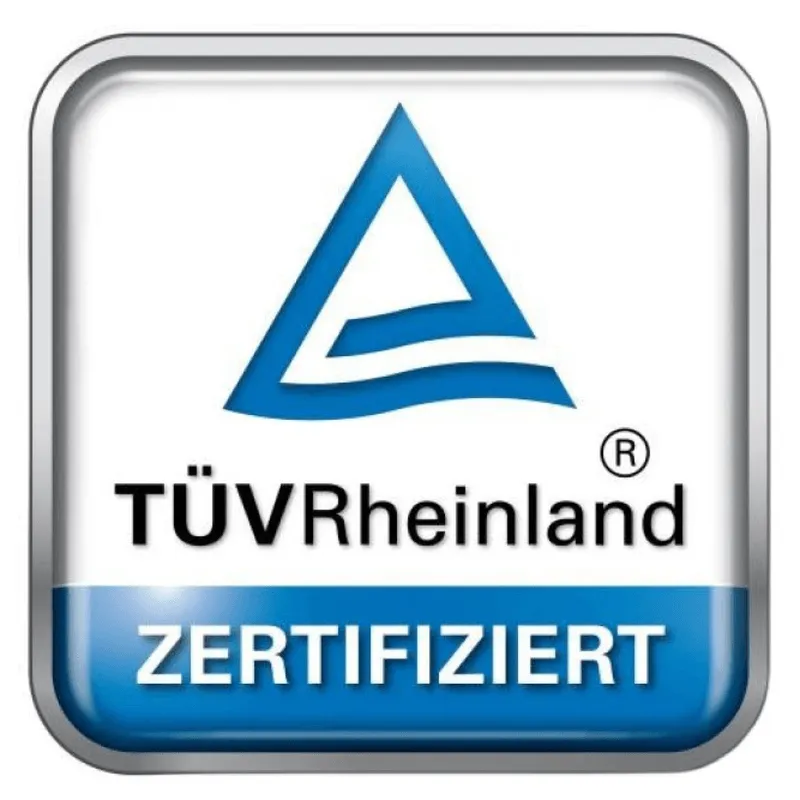 TÜV Rheinland zertifiziert Logo mit blauem Dreieck und Wellenlinien.